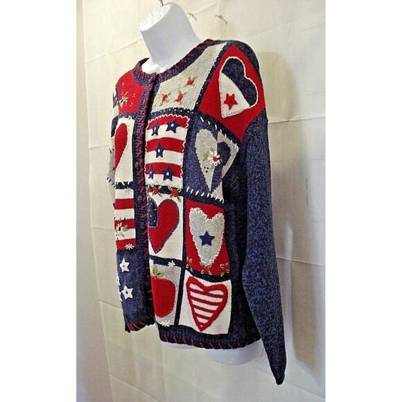 Heirloom Collectibles Cardigan Sweater Vintage Stars Stripes Hearts Patriotic M - Picture 4 of 7